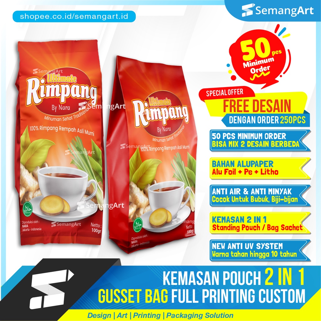 Cetak Kemasan Gusset Flat Bottom Standing Pouch Bungkus Kopi Tepung Beras Kacang food grade Desain C