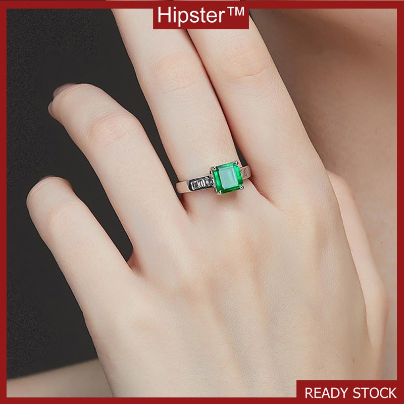 New Hot Sale Fashion Trend Inlaid Rectangular Emerald Color Gem Adjustable Ring