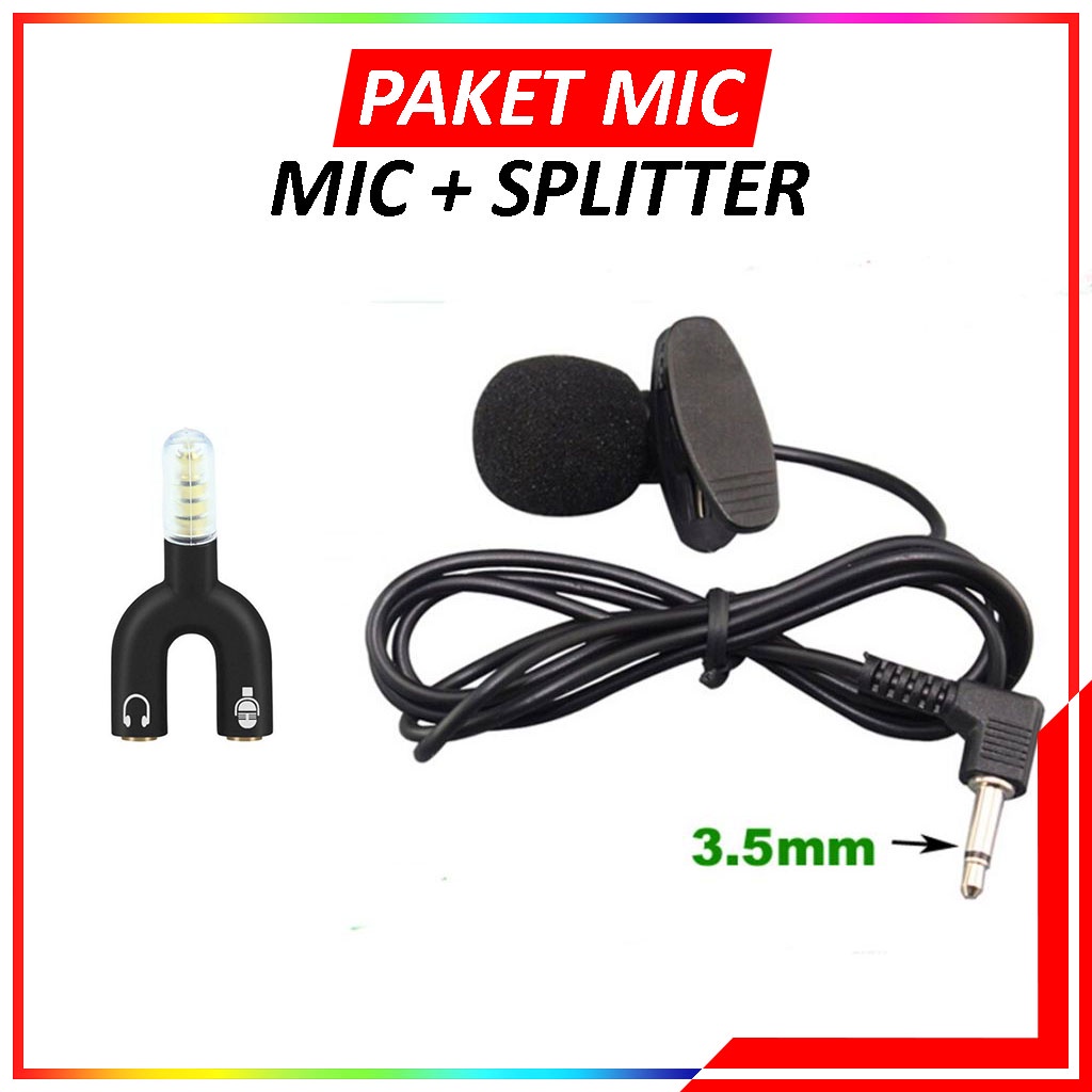 Paket Youtuber Mic Clip On Microphone 3.5mm + Audio Splitter U Shape - Splitter Jack 3.5 mm Audio Mic + Microphone Clip On