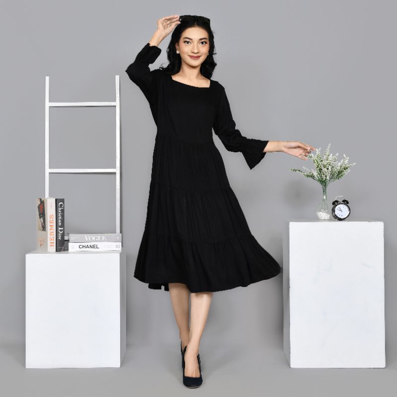 Sabrina Midi Dress Casual Wanita katun Rayon Twill