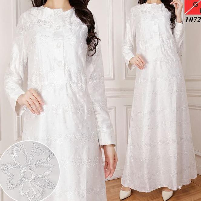 Baju Gamis Putih / Muslim Wanita Lebaran / Satin Velvet #10750 STD - Putih, L SILVER Fashiion