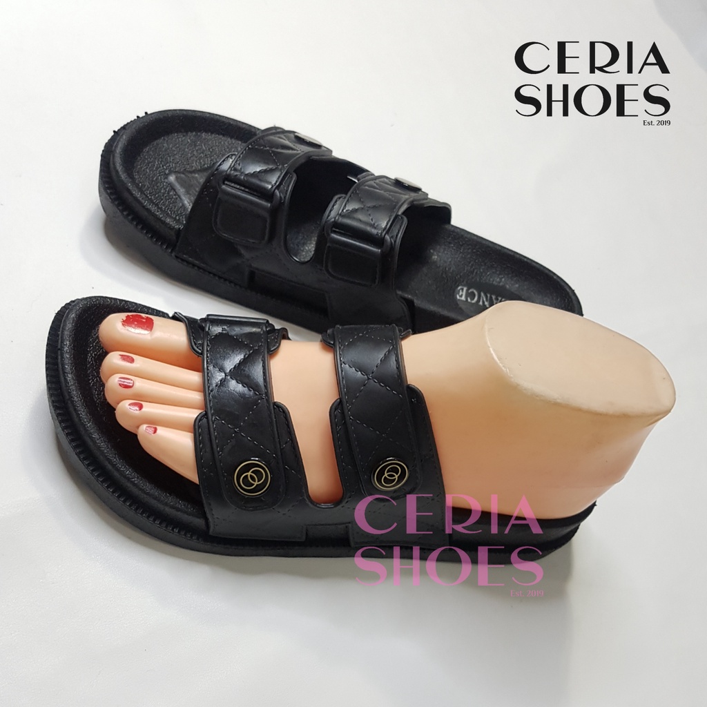 Sandal Slop Wanita Strap Motif Kancing BALANCE Bahan Karet Import Empuk Elastis 1728-X7B