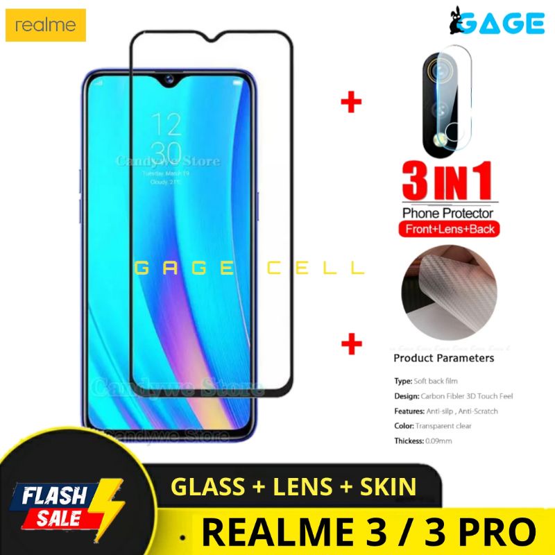 3IN1 TEMPERED GLASS LAYAR KAMERA SKIN CARBON REALME 3 / 3 PRO TG ANTI GORES DEPAN BELAKANG SCREEN