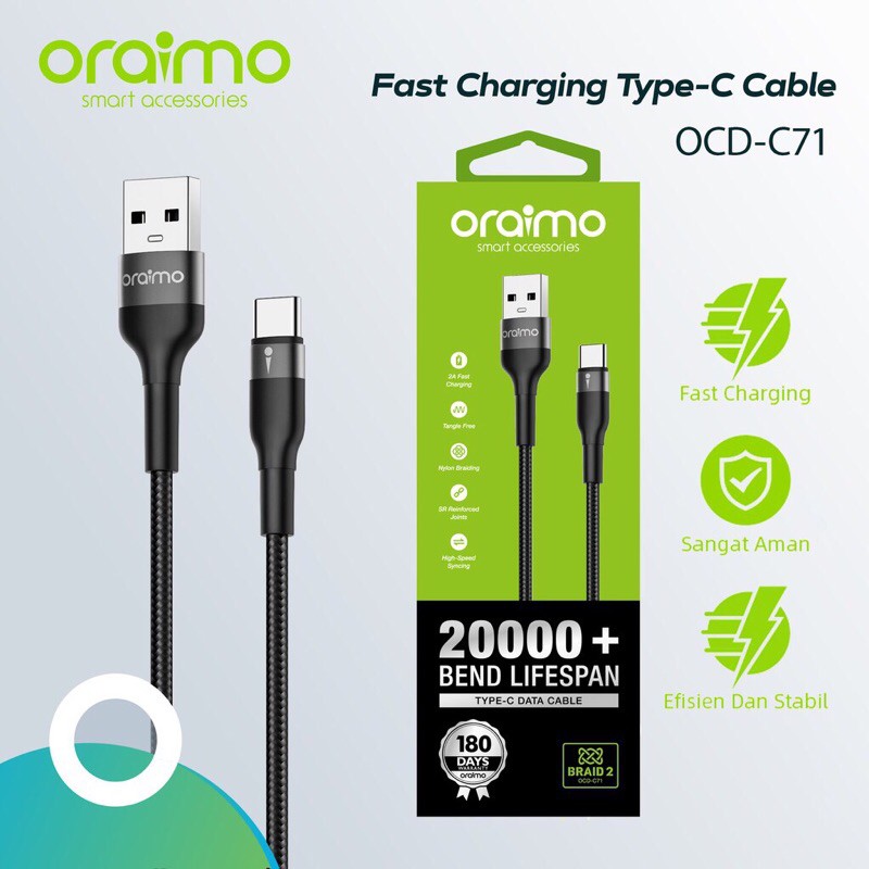 Oraimo OCD-C71 Kabel Data Type-C Fast Charging Android USB Cable Data Charger 1 meter - Garansi 1 Tahun