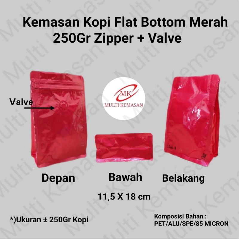 Kemasan Kopi Flat Bottom Merah 250Gr Zipper Valve.isi 50 Pcs. Standing Pouch. Kemasan Kooi.