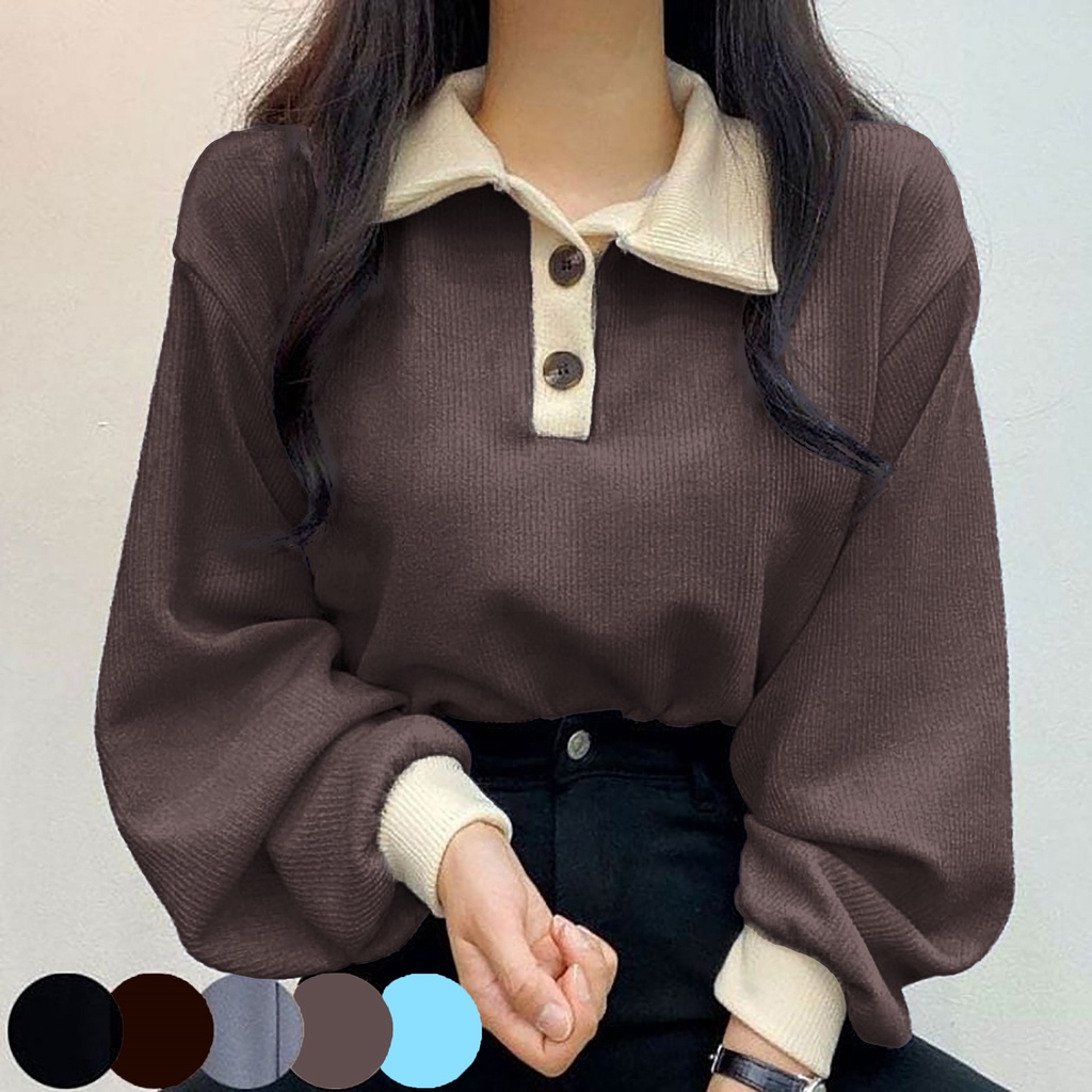 Sweater Wanita Collar Girl - Korean Style Colar Sweatshirt - Sweater Kerah Dengan Kancing Polos - Button Jane Fashion - Allsize - Bahan Fleece