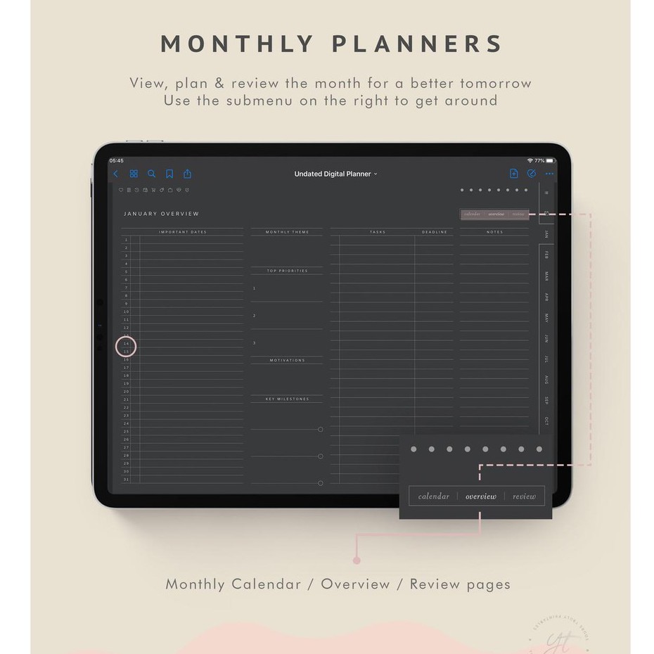 Digital Journal &amp; Planner - Undated Blackout Daily Planner for Goodnotes, Notability, Xodo, (Full Page Hyperlinked)