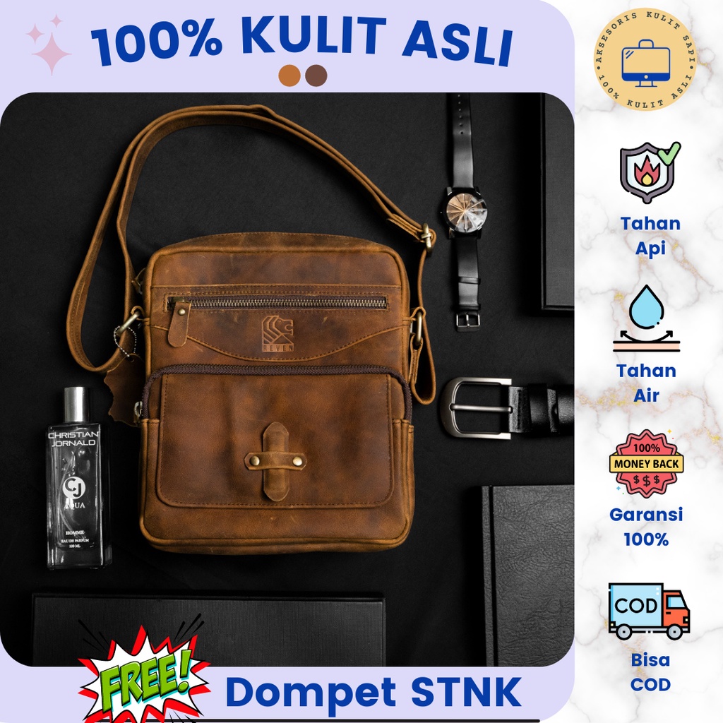 Tas Selempang Pinggang Pria Kulit Sapi Asli Kecil Anti Air Original Polo Mini Army Branded Keren Sim