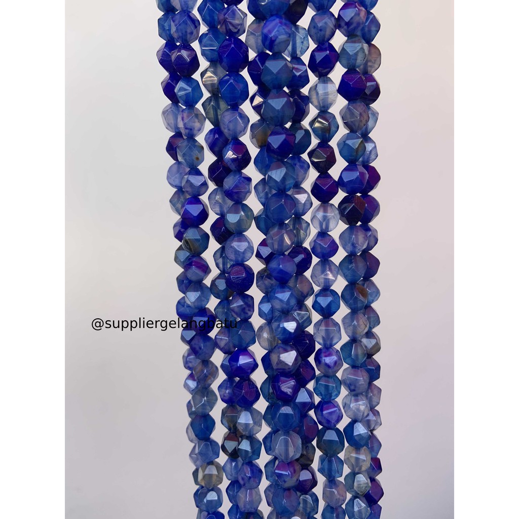 batu faceted hexagon Stone 8mm blue aquamarine biru gelang kalung akik