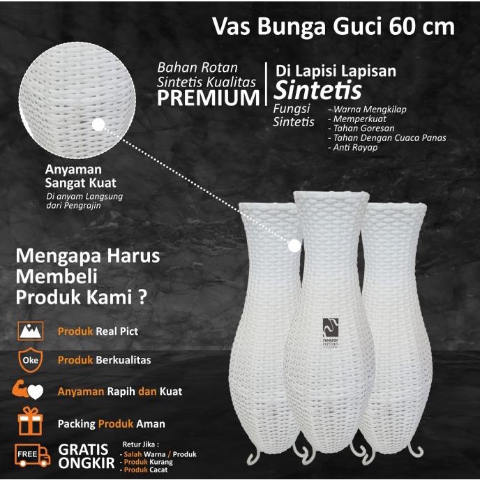 Vas Pot Guci Tempat Bunga Dari Rotan Sintetis Tinggi 60 cm Murah
