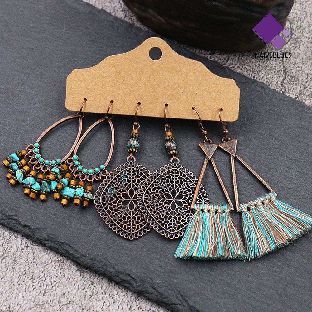 Set 3 Pasang Anting Kait Rumbai Bentuk Bulat Geometris Gaya Vintage Untuk Wanita