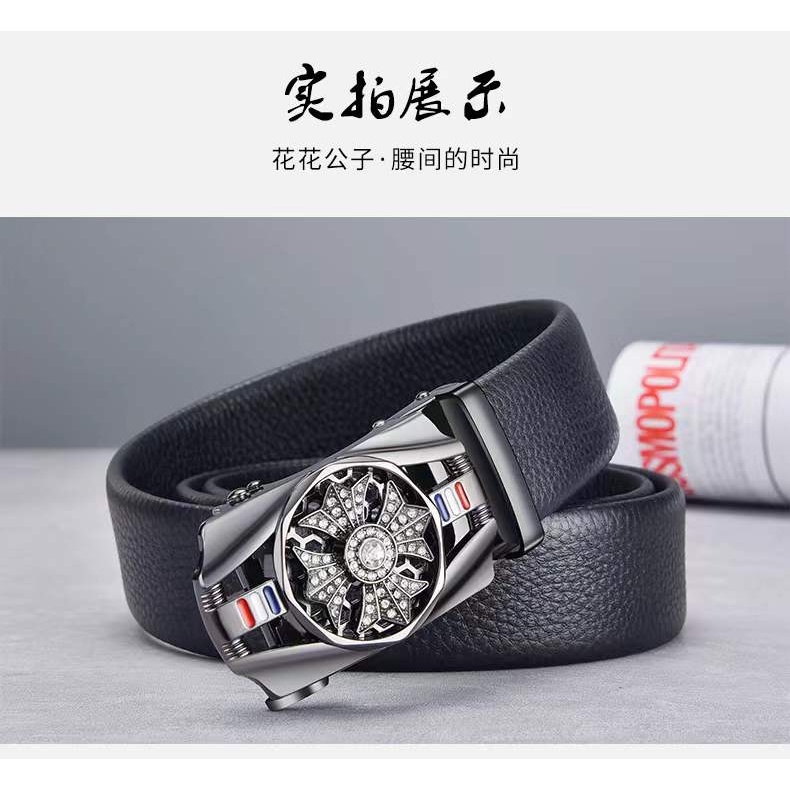 (Rowling )Ikat Ban Hitam Pinggang Import Pria Fashion Belt Gasper Cowo Sabuk Kulit Men Belt Diamond Berputar