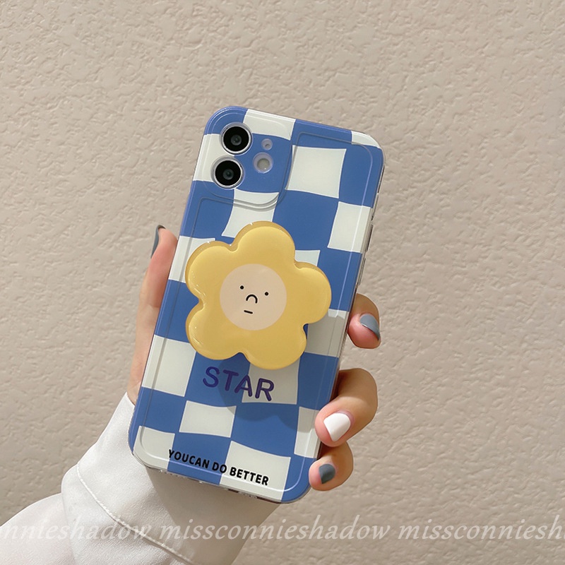 Blue Checkerboard Flower Stand Phone Case For iPhone 12 11 Pro Max XS MAX XR 7 8 6 6s Plus 7Plus SE 2020 Anti-fall Protective Cover