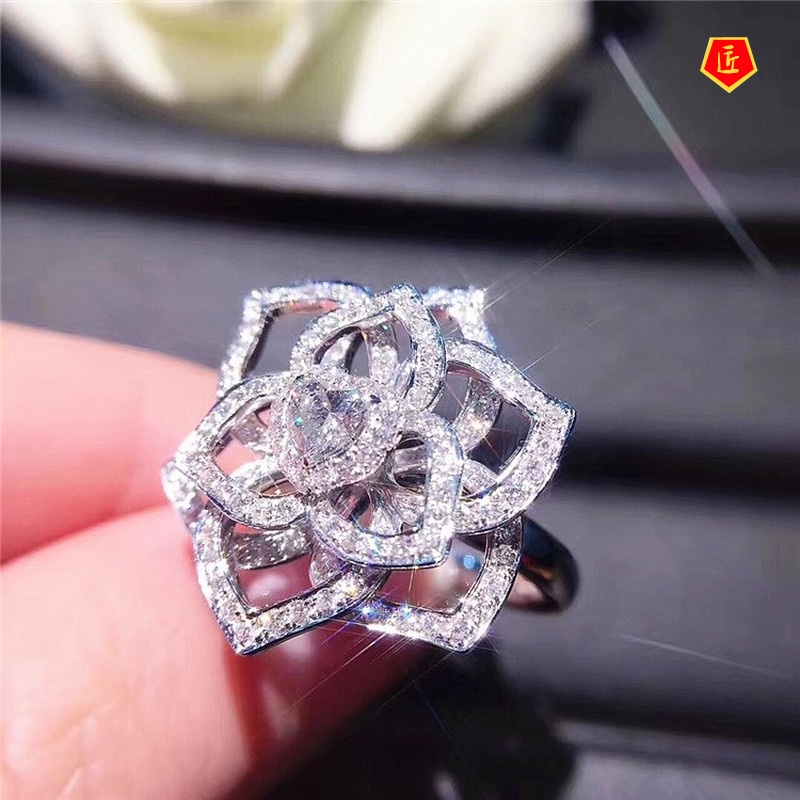 [Ready Stock]18K Platinum Full Diamond Rose Ring for Women Luxury Fashion