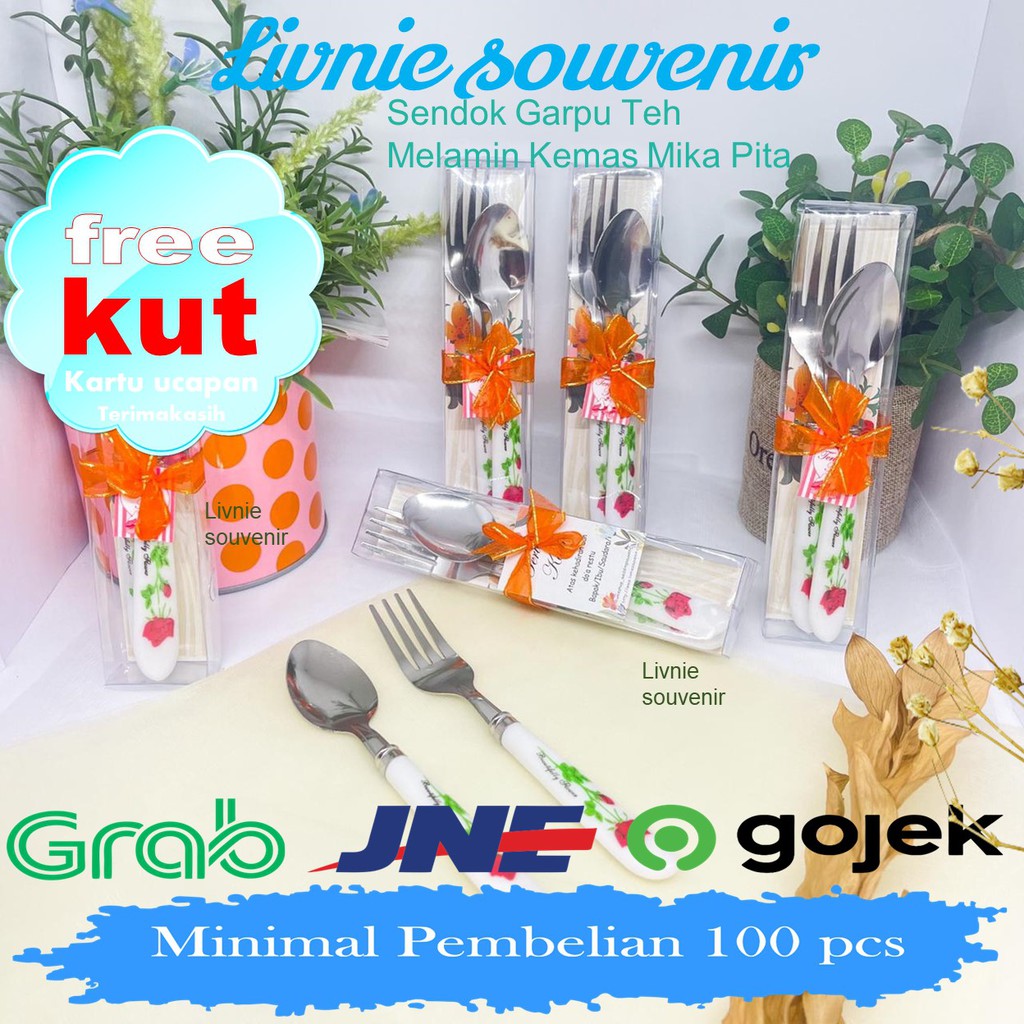 Souvenir Sendok Garpu Teh Melamin Bunga kemasan Mika Pita