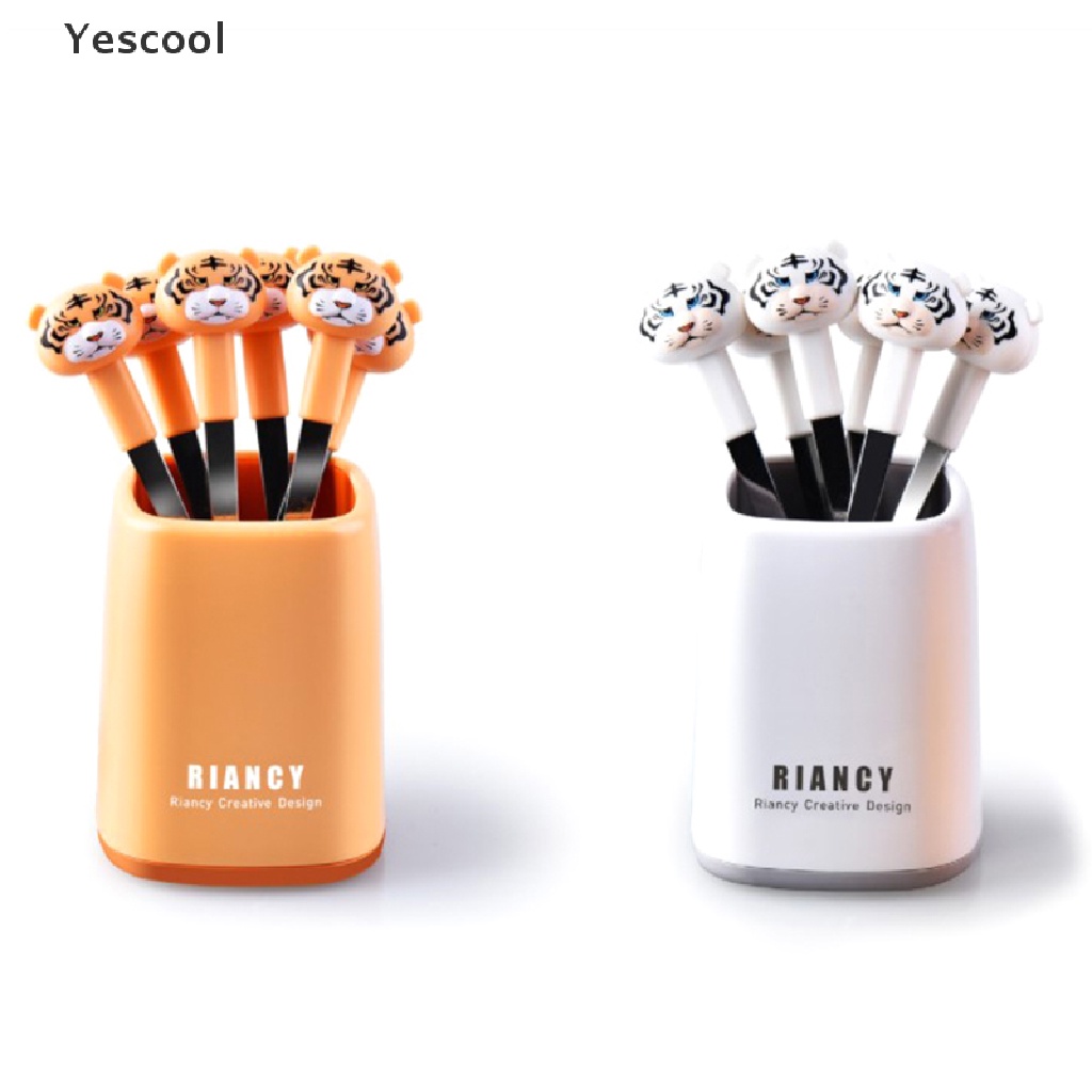 Yescool 6Pcs / Set Garpu Buah / Dessert Bahan Stainless Steel Desain Kartun Lucu Dengan Holder