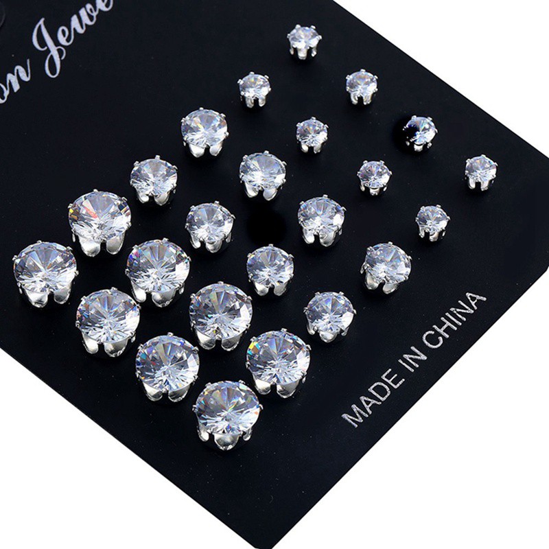 12 Pasang / Set Anting Tusuk Kristal Zircon Stainless Steel untuk Wanita