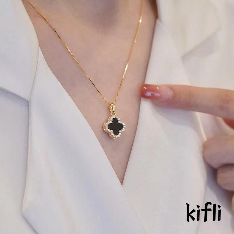 Kalung Rantai Liontin Daun Clover Hias Kristal Zircon Mewah Untuk Wanita (KD)