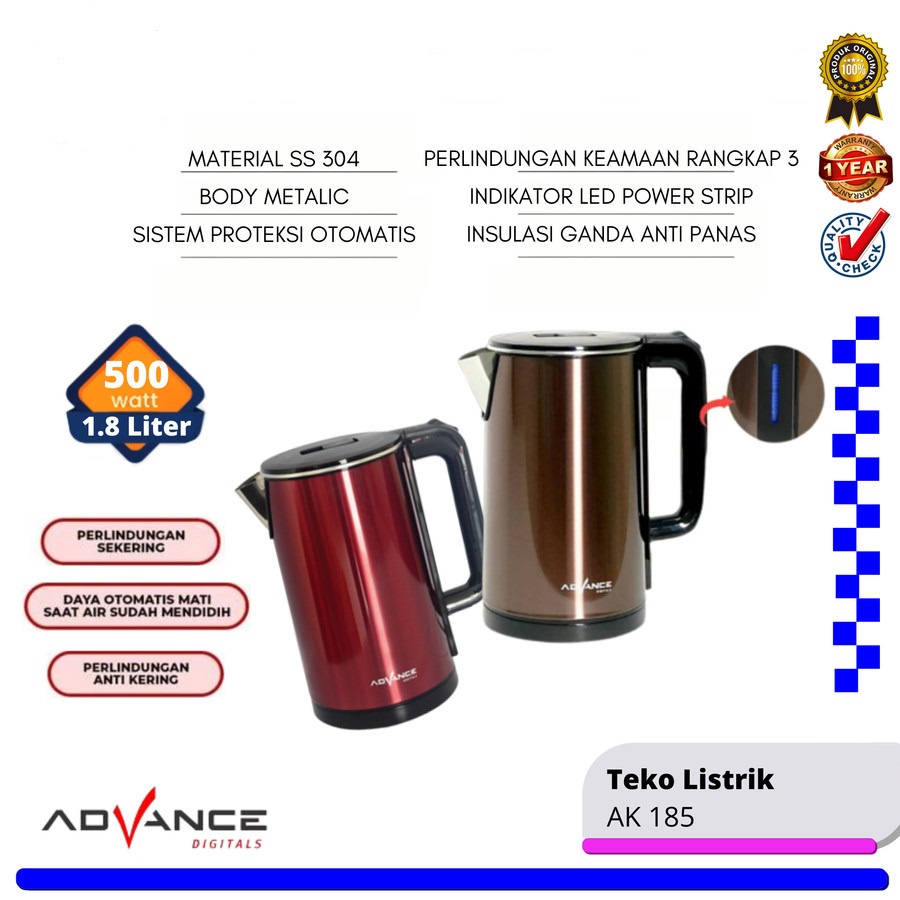 TEKO AIR LISTRIK KETTLE LISTRIK ADVANCE AK-185 OTOMATIS KAPASITAS 1,8 LITER