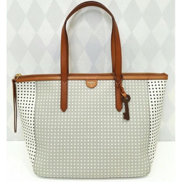 Tas fossil sydney shopper grey multi dot polka polkadot original bag