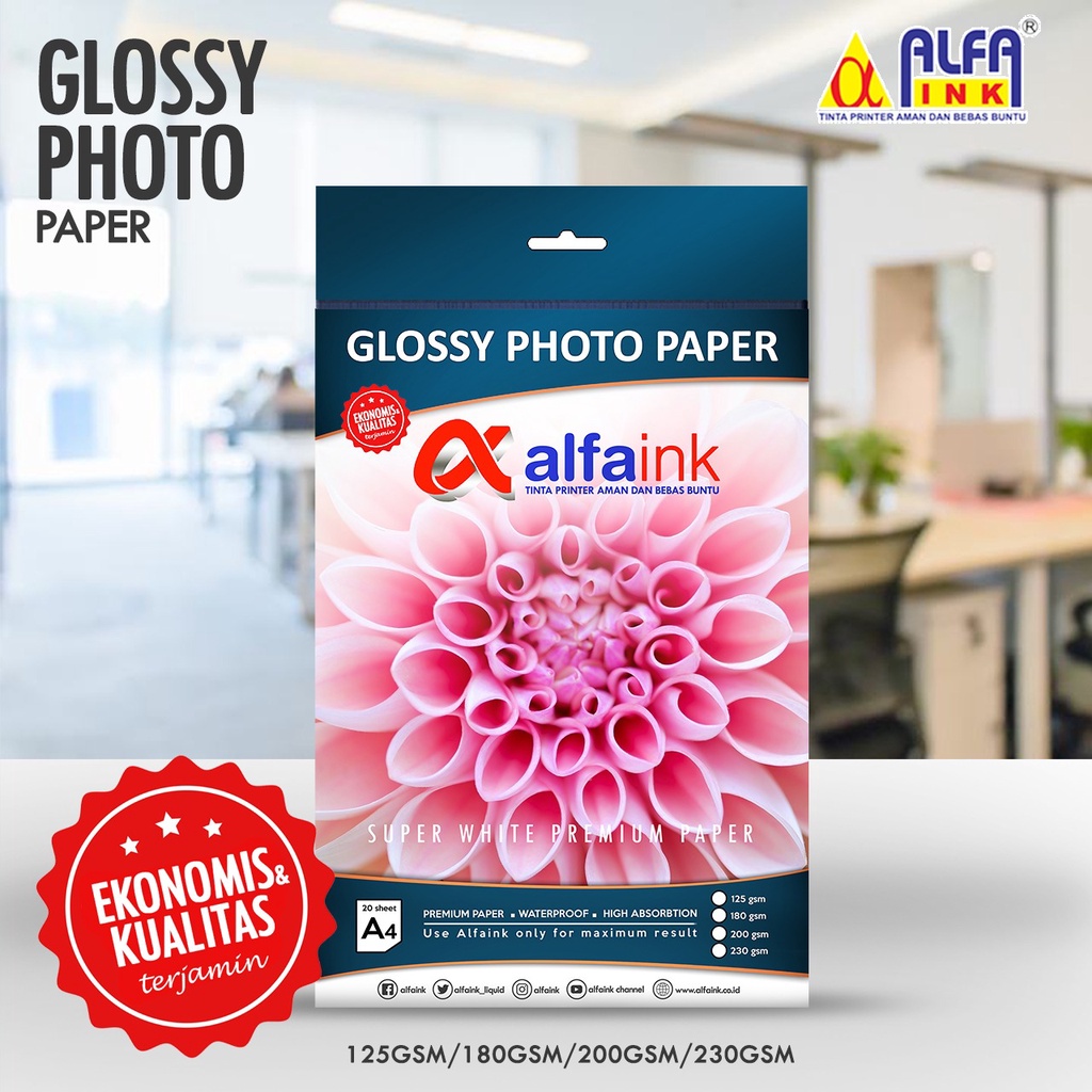 

ALFAINK GLOSSY PAPER WATERPROOF - PREMIUM PAPER KERTAS FOTO A4