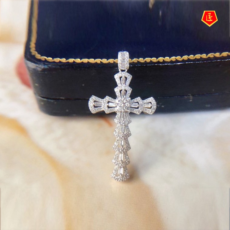 [Ready Stock]T Square Zircon Pendant Full Diamond Cross Necklace for Women