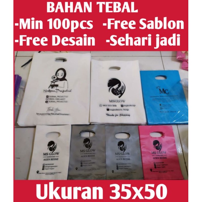 ukuran 35x50 TERMURAH GRATIS SABLON kantong plastik olshop/customer/logo olshop dll
