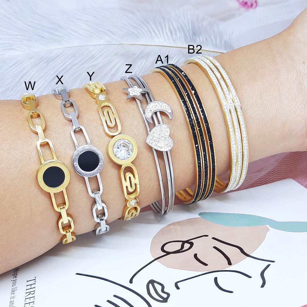 Gelang Bangle Titanium Silver Gold Polos Paku Keroncong Mata Putih - BB388