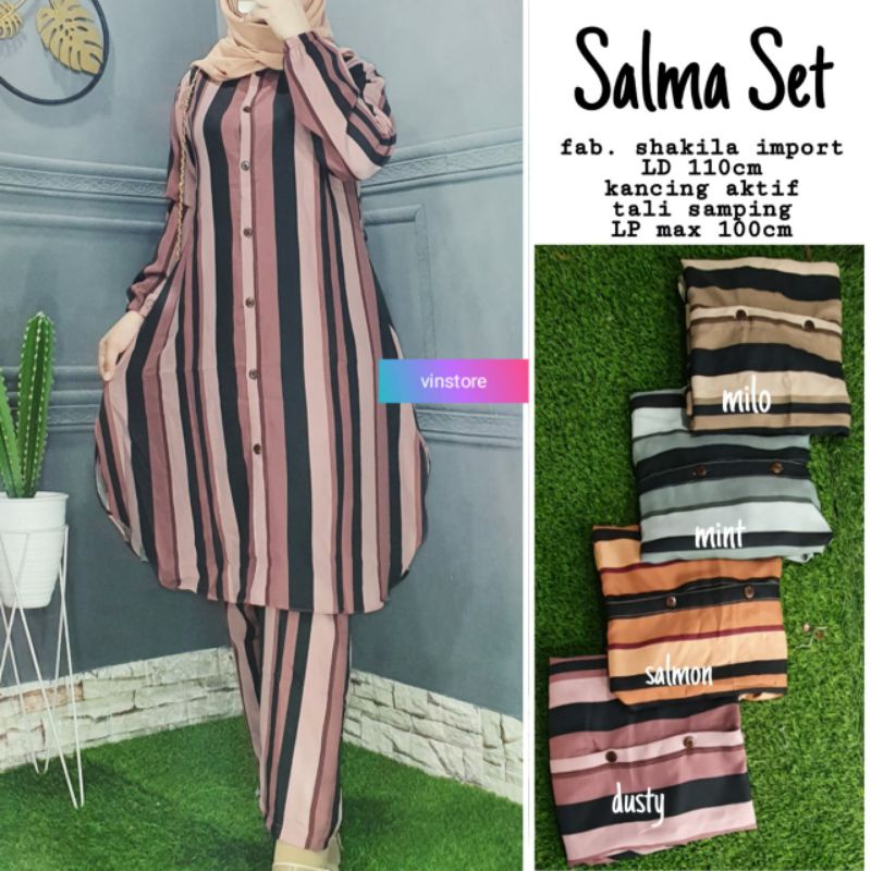 SALMA SET SETELAN TUNIK CELANA SHAKILA MOTIF GARIS GARIS KANCING AKTIF LD 110 FIT XXL