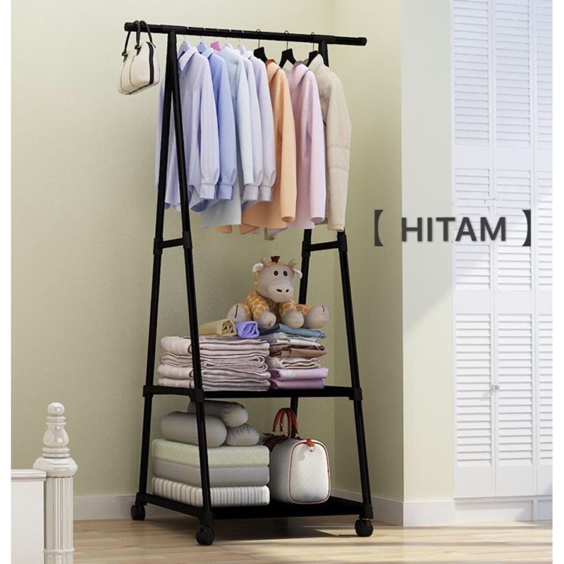 STAND HANGER BAJU RAK SERBAGUNA DENGAN 4 RODA
