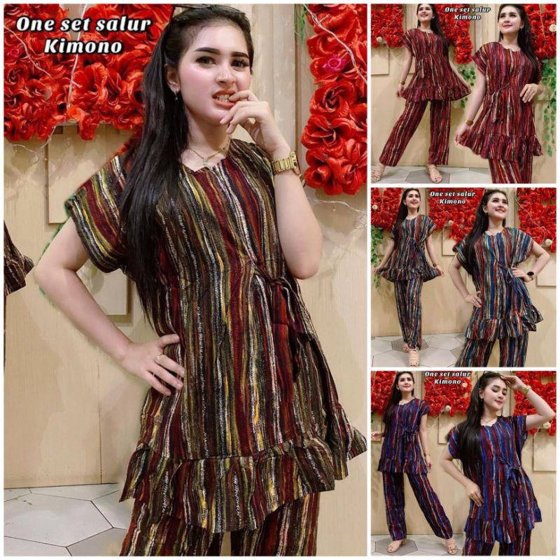 SETELAN KIMONO LURIK  ONE SET KIMONO LURIK  SETELAN CELANA PANJANG KIMONO LURIK