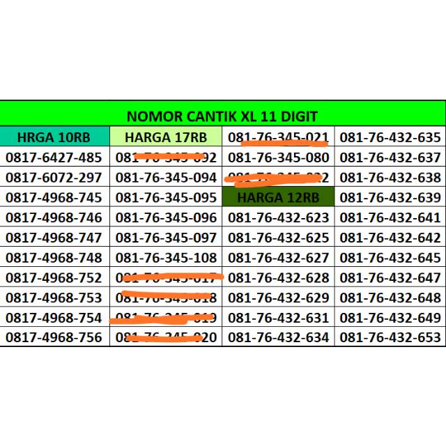 No cantik XL 11 digit