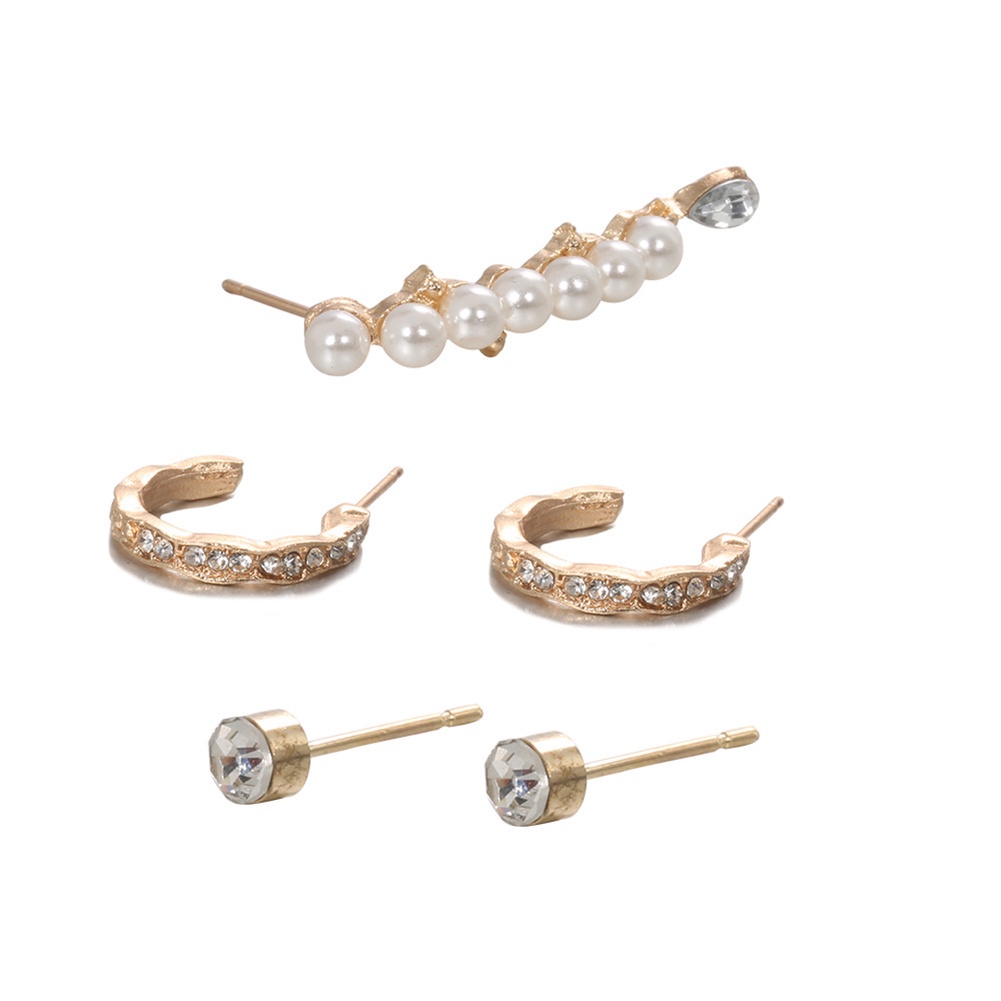 5 Pcs Anting Stud Geometris Aksen Mutiara Berlian Imitasi Untuk Wanita