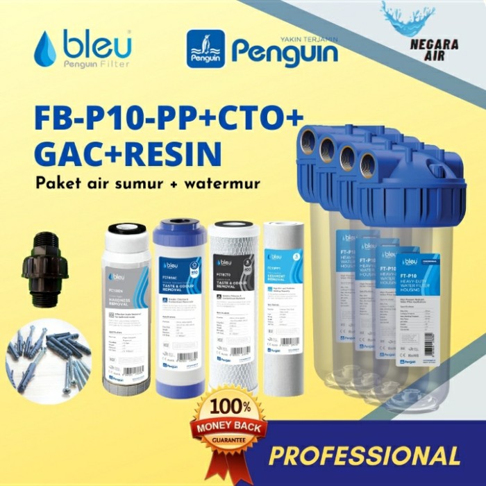 paket filter air penguin sumur/pdam FB 10" PP + CTO + GAC + RESIN + MxM 3/4 3 PCS