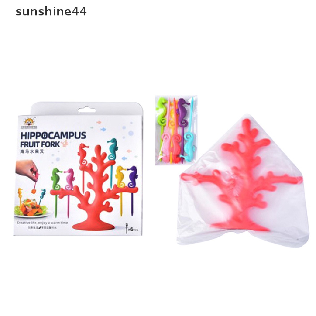 Sunshine 6Pcs Garpu Buah / Kue / Dessert Mini Bentuk Kuda Laut Kartun Untuk Anak