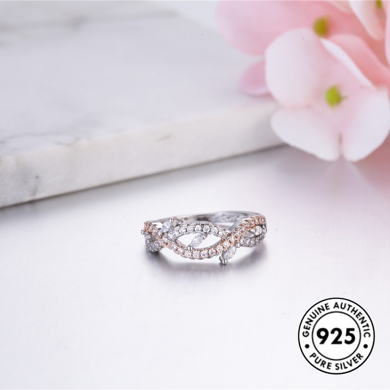 Cincin Lapis Silver S925 Model Daun Warna Rose Gold Dengan Berlian Imitasi Untuk Wanita