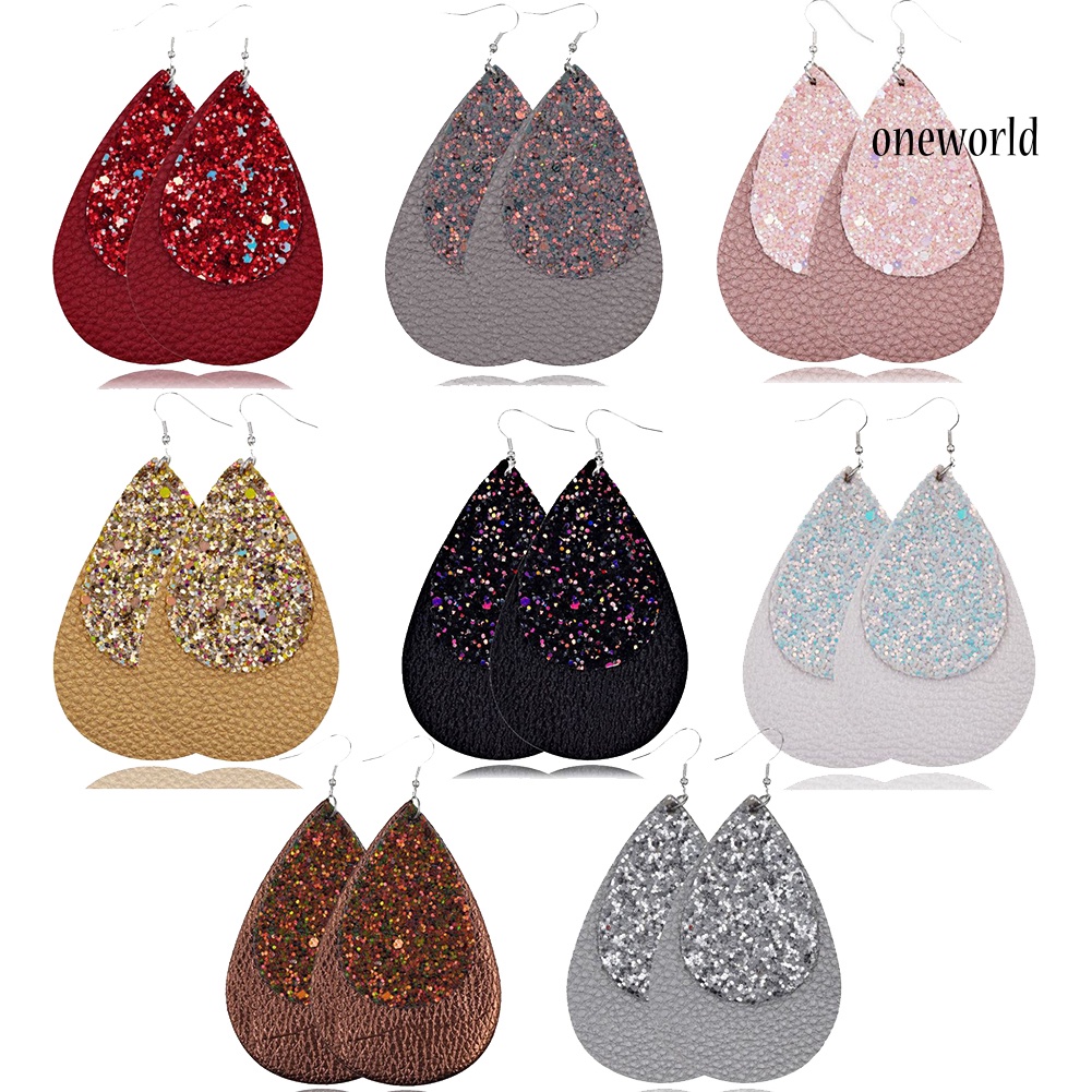 OW@ Glitter Sequins Teardrop Faux Leather Drop Dangle Statement Women Hook Earrings