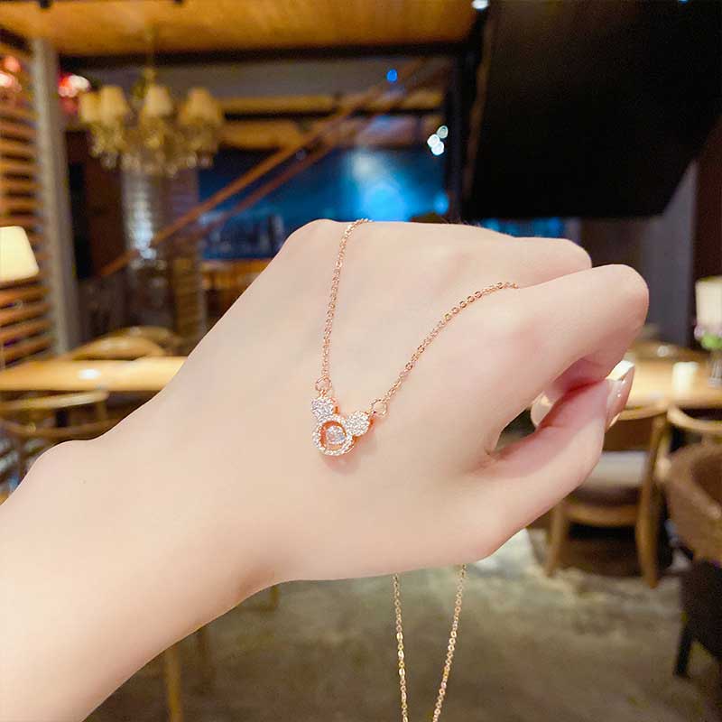 XiaoboACC Kalung Rantai Liontin Mickey Mouse Lapis Emas 18K Hias Batu Zircon Ala Korea Untuk Wanita 38CM+6.0CM