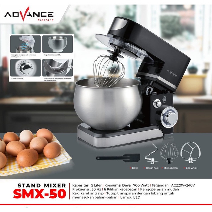 Stand Mixer Advance SMX-50 Dengan Mangkuk Stainless steel, Pengocok Telur, Dan Pengaduk Adonan.