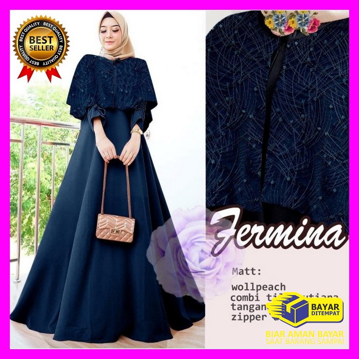 Baju Gamis Lebaran Model Terbaru 2021 Wanita Muslim Maxmara Frenl JO444 Maxi Fermina Navy [Gamis 01