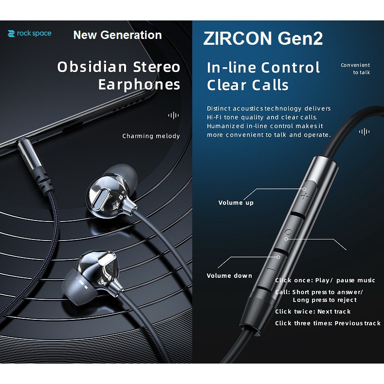 Headset ROCK Zircon / ROCK Obsidian Gen 2 Stereo Earphone with Mic Headset Handsfree 100%original