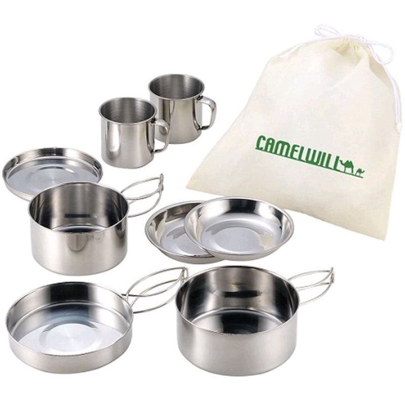 NESTING ISI 8 DAN KOMPOR PORTABEL cooking set stainless dan kompor potable - cookingset stainless camelwill - alat masak portable