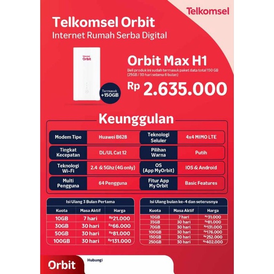 Telkomsel Orbit Max H1 Modem Wifi Rumah 4G Huawei B628