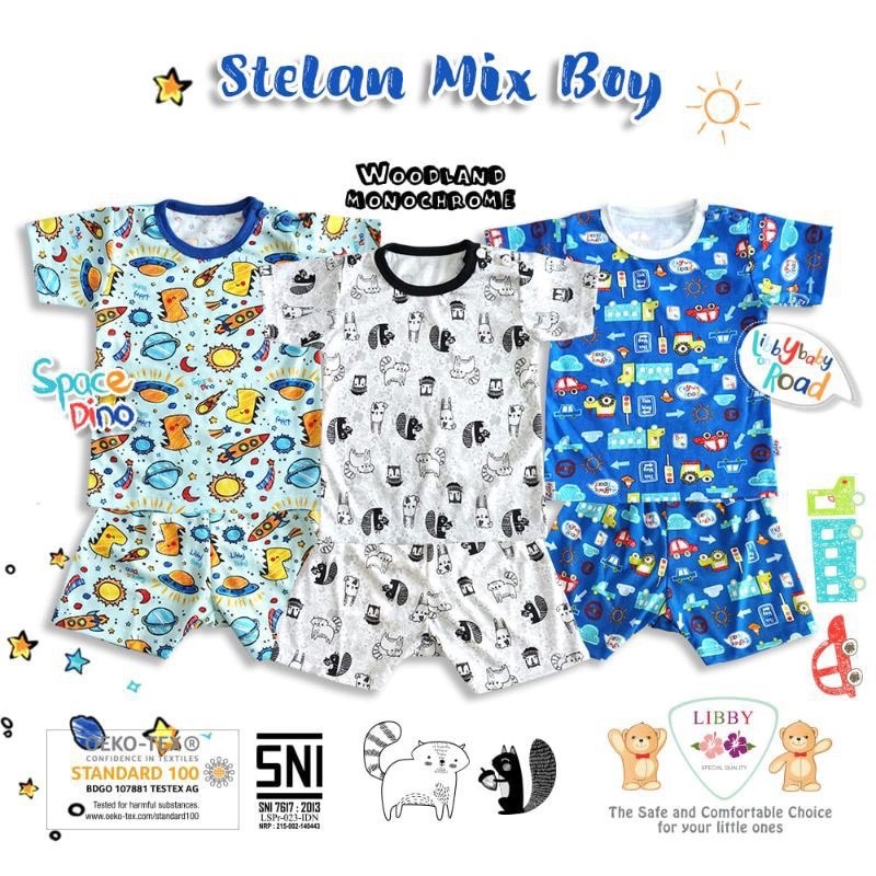 PROMO Setelan Pendek Libby Miyo S M L 2L XL XXL (0 - 4 tahun) Mix Boy / Enchanted Wild / Star CBKS