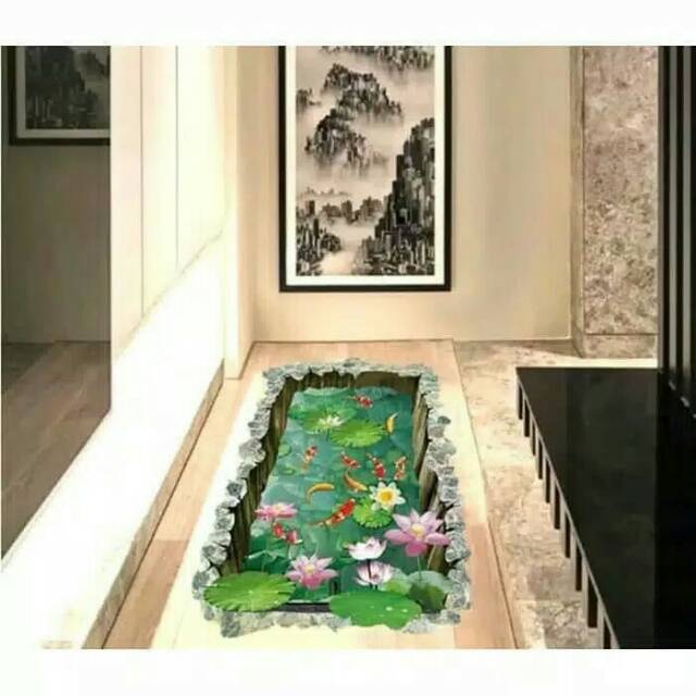 Sticker Lantai 3D wall Stiker Ikan koi Wallpaper ikan Kolam Lumut
