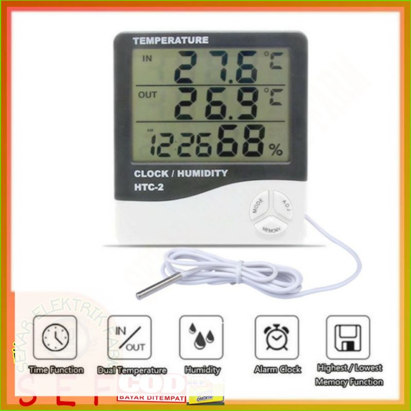 HTC 2 Thermometer dan Hygrometer/Termometer jam, alarm 3 layar monitor 2 suhu dan kelembapan