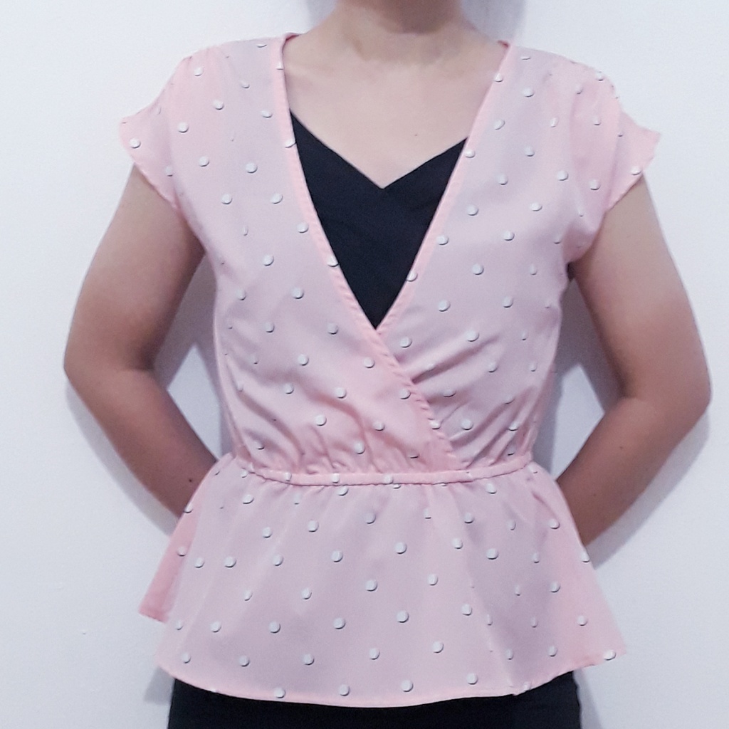 Blouse Baju Atasan Wanita Polkadot Zalora Lengan Pendek Ukuran XS Warna Pink