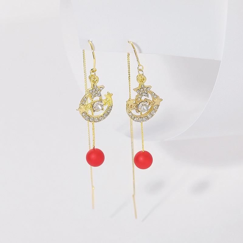 Korea trendi kepribadian fashion red pearl telinga string anting-anting elegan pentagram berlian pan