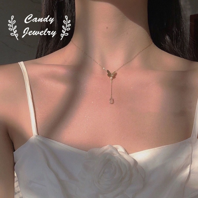 Kalung Rantai Choker Desain Butterfly Water Drop Bahan Alloy Gaya Retro Untuk Wanita