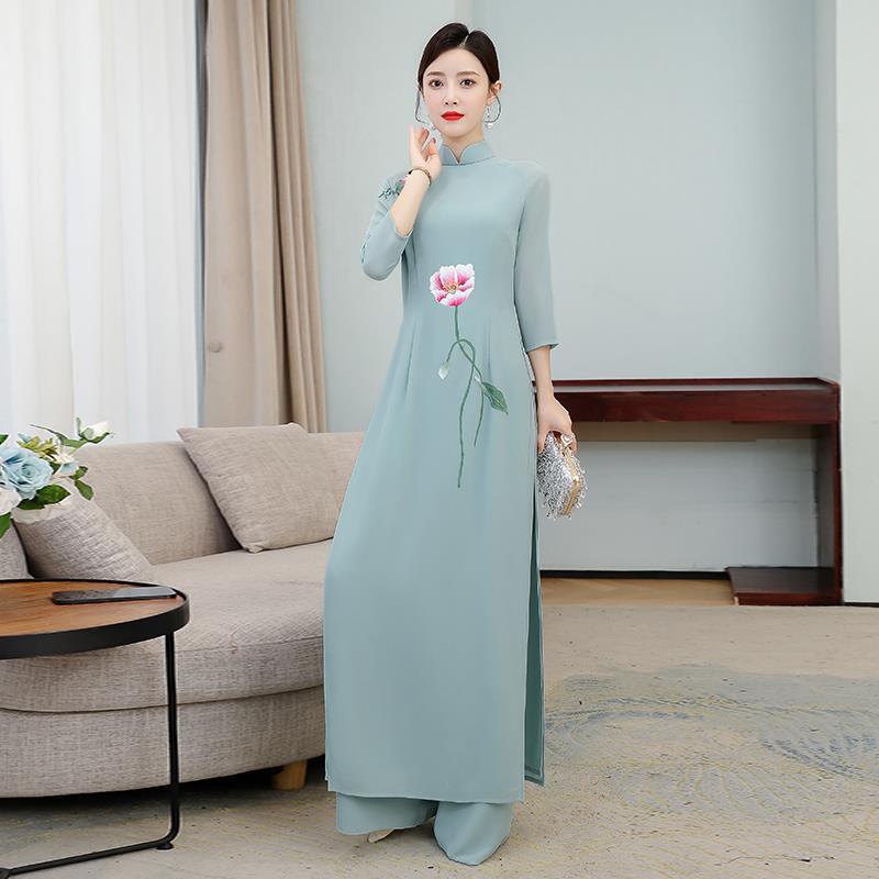 Love original new spring, summer and autumn oder hand-painted cheongsam dress wide leg pants two-pie